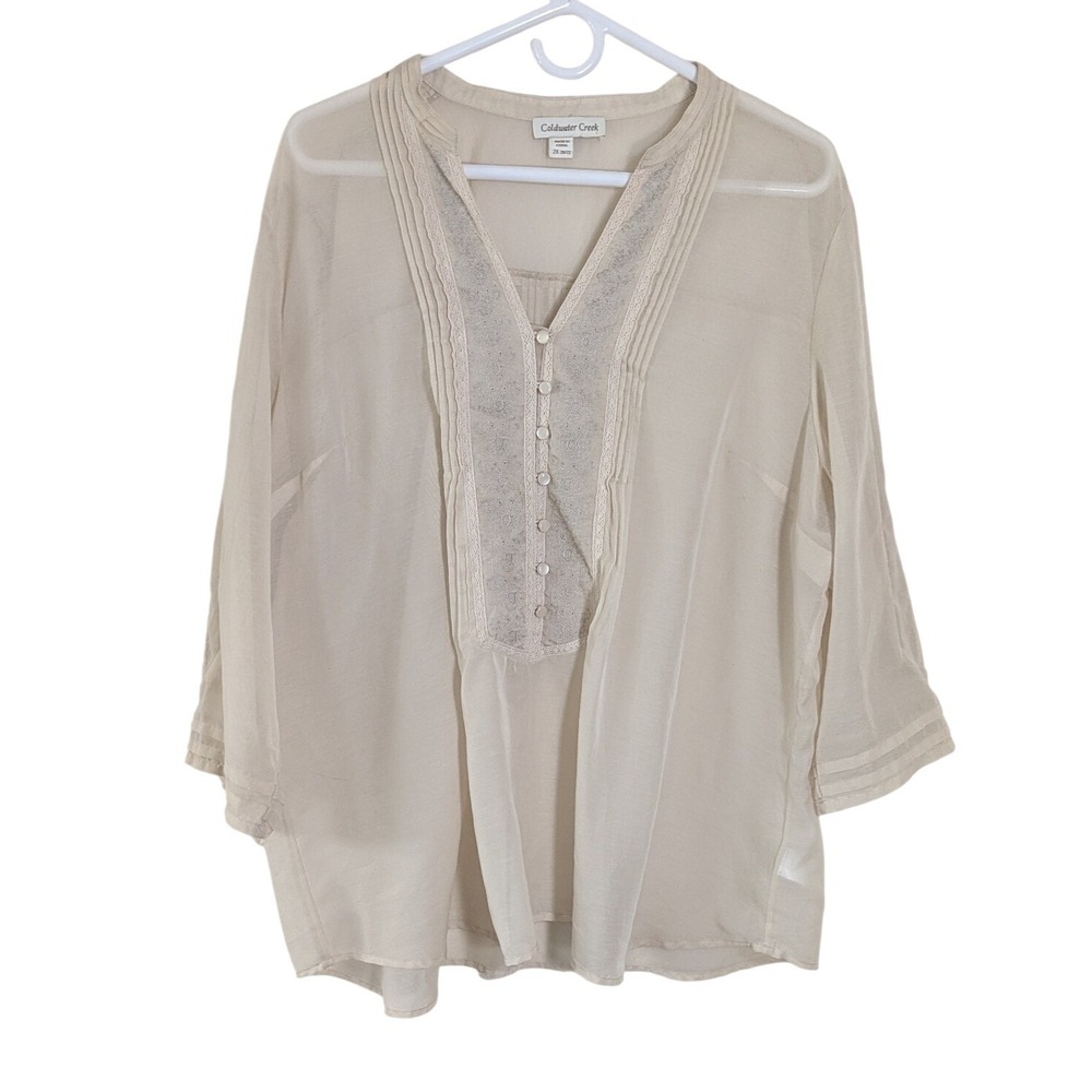 Coldwater Creek Ivory Chiffon Embroidered Pintuck Blouse Plus Size 2X Boho